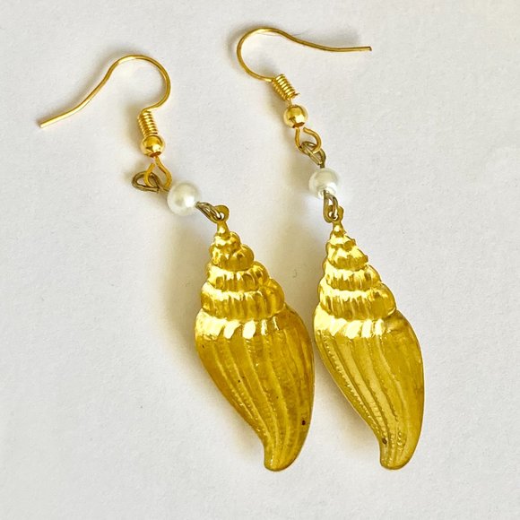 Vintage Conch Shell Pearl Earrings Gold Plated Dangle Sea Life Island Nautical - Picture 9 of 11